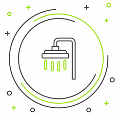 Line Shower head with water drops flowing icon isolated on white background. Colorful outline concept. Vector