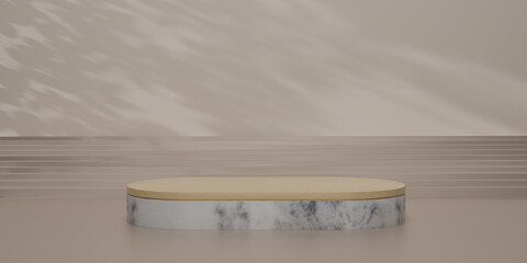 Shiny white, gray marble oval pedestal or podium and wood on top in beige studio backdrops. Blank display for showing product. Copy space. Minimalist mockup for the showcase. 3D rendering.