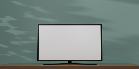 Realistic TV screen. TV flat screen LCD, plasma realistic illustration in the green room, 4k monitor isolated on a green background. Black LED television. Modern blank screen. 3D render illustration.