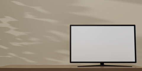 Realistic TV screen. TV flat screen LCD, plasma realistic illustration in the beige room, 4k monitor isolated on a beige background. Black LED television. Modern blank screen. 3D render illustration.