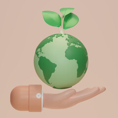 Hand holding planet earth and plant icon. Earth day symbol. Globe with sapling, Eco Save the world, Clean environment, Sustainability or environmental protection concept. 3d rendering illustration.