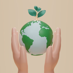 Two Hands hold planet earth and plant icon. Earth day symbol. Globe with sapling, Eco Save the world, Clean environment, Sustainability or environmental protection concept. 3d rendering illustration.
