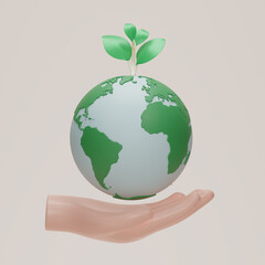 Hand holding planet earth and plant icon. Earth day symbol. Globe with sapling, Eco Save the world, Clean environment, Sustainability or environmental protection concept. 3d rendering illustration.