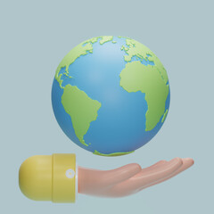 Hand holding planet earth icon. Earth day symbol. Eco Save the world, Clean environment, Sustainability or environmental protection concept. 3d rendering illustration.