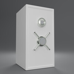 White Safe box font view on gray background. Closed metallic safe box. Realistic white metal safe. 3d render illustration.