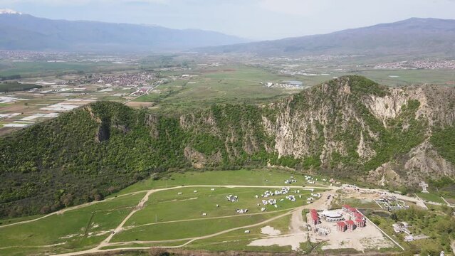 Aerial Spring view of Kozhuh Mountain and Petrich valley, Bulgaria