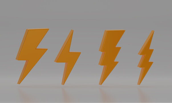 Thunder and Bolt Lighting Flash Icons Set isolate on white background. Yellow Thunder Symbol in 3D rendering.