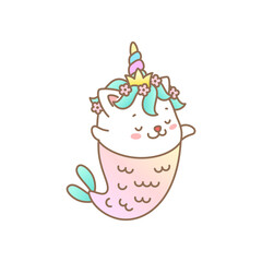 Cute mermaid cat. Cartoon illustration of a little kitten with mermaid tail isolated on a white background. Vector 10 EPS.