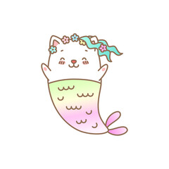 Cute mermaid cat. Cartoon illustration of a little kitten with mermaid tail isolated on a white background. Vector 10 EPS.