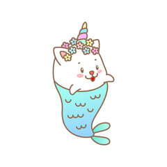 Cute mermaid cat. Cartoon illustration of a little kitten with mermaid tail isolated on a white background. Vector 10 EPS.