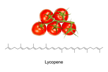 Panicle tomatoes and the chemical formula and skeletal structure of lycopene, a bright red...