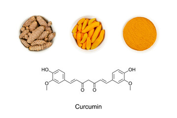 Turmeric and the chemical formula of curcumin. Skeletal structure of the keto form of the yellow chemical and principal curcuminoid of turmeric, Curcuma longa. E100, dietary supplement and food color.
