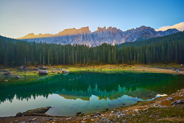 Fototapeta na wymiar Carezza lake, Val di fassa, Dolomites, Alps