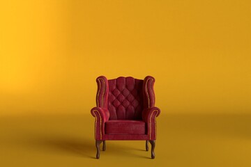 Fototapeta na wymiar Red velvet armchair of old design on short legs with high back isolated on golden background. 3d rendering illustration