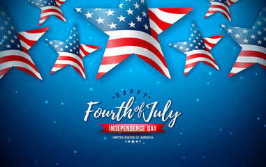 4th of July Independence Day of the USA Vector Illustration with American Flag in Star Shape and Typography Lettering on Blue Background. Fourth of July National Celebration Design for Banner