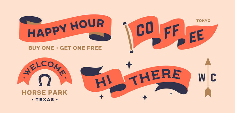 Set vintage graphic. Ribbon, flag, arrow, board with text Welcome, Hello, Hi, Coffee, Happy Hour. Set ribbon banner and retro graphic. Isolated vintage old school set shapes. Vector Illustration