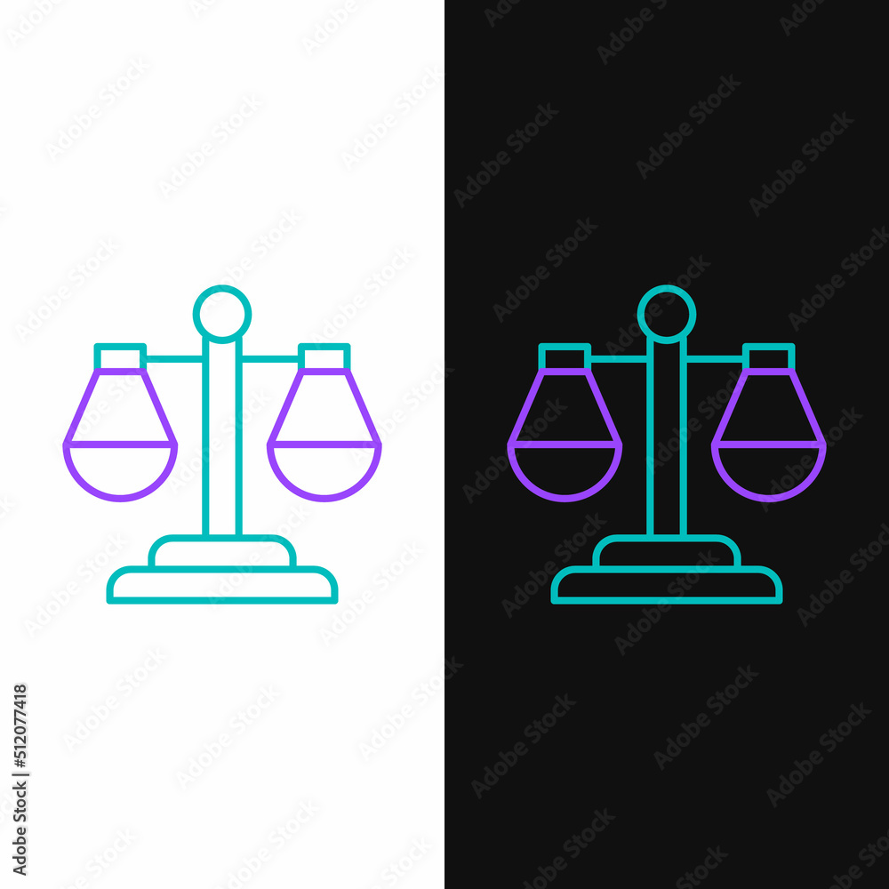 Poster Line Scales of justice icon isolated on white and black background. Court of law symbol. Balance scale sign. Colorful outline concept. Vector