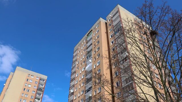 So called panelak building from 80s in Goclaw area, Warsaw city, Poland, 4k video