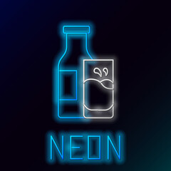 Glowing neon line Closed glass bottle with milk and glass icon isolated on black background. Colorful outline concept. Vector