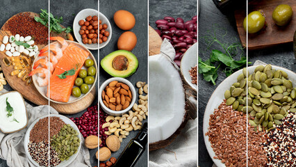Collage of assortment of omega 3 best sources..