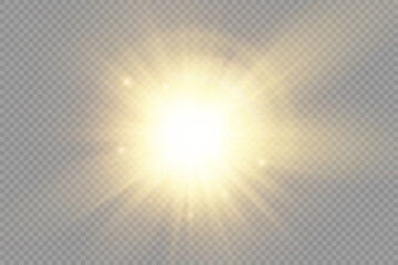 Glow light star, yellow sun rays, gold glare bokeh