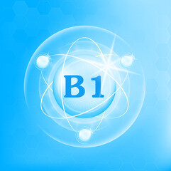 Vitamin B1 icon structure light blue substance. Drug business concept. Medicine health symbol of thiamine. 3D Vector Illustration. Vitamin complex with chemical formula. Personal care, beauty concept