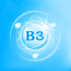 Vitamin B3 icon structure light blue substance. Drug business concept. Medicine health symbol of thiamine. 3D Vector Illustration. Vitamin complex with chemical formula. Personal care, beauty concept
