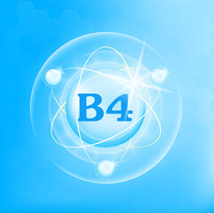 Vitamin B4 icon structure light blue substance. Drug business concept. Medicine health symbol of thiamine. 3D Vector Illustration. Vitamin complex with chemical formula. Personal care, beauty concept
