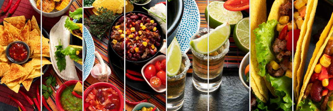 Collage of Mexican food, many dishes of the mexican cuisine.