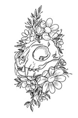 graphic illustration cat skull flowers for tattoo and print on clothing