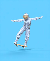 Astronaut balancing on a skateboard, light blue background. 3d illustration