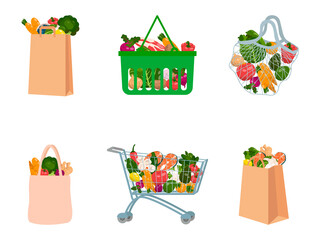 Set of flat vector illustrations for bags and baskets. Buying groceries, paper bags, turtle food bags. Natural food, organic fruits and vegetables. Department store goods
