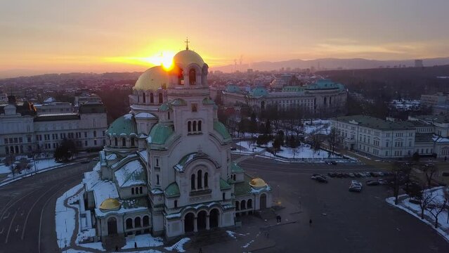 Sunrise in Sofia, Bulgaria, Alexander Nevsky, view from Drone
