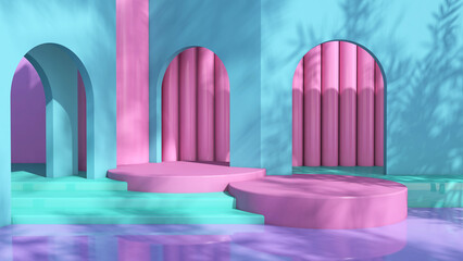 Background rendering with podium and wall scene abstract background. 3D illustration, 3D rendering	
