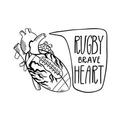 Rugby brave heart sketch illustration. Football ball graphic design vector illustration. Team sport. Isolated vector illustration.