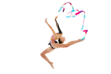 Portrait of young sportive girl, rhythmic gymnastics artist isolated on white studio background....