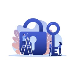 Business Team with Key. Unlock the Lock Landing Page. Teamwork, Business Solution, Goal Achievement, Solving Problem Concept Website. Vector flat illustration