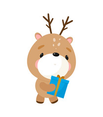 Christmas deer with gift . Cartoon style. Vector illustration. For card, posters, banners, books, printing on the pack, printing on clothes, textile or dishes.