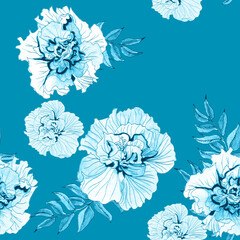 Hand drawn seamless pattern  with ink hibiscus flowers on blue background - 512080856