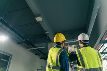 Two Civil Engineer and Contractor discussion in construction site. Team Architect working use BIM...