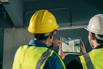 Selective focus Tablet on hand Civil Engineer and Contractor working in construction site. Team...