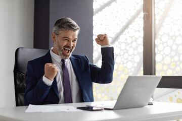 Excited middle aged businessman in suit celebrating success with laptop in office