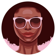 Round icon portrait of young beautiful African American woman with light pink sunglasses. 