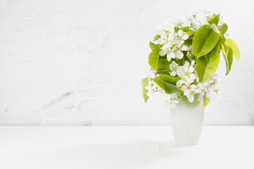 Summer fresh white flowers of blooming apple tree with young green leaves in frosty vase, copy space. Soft light simple white kitchen interior with marble tile and wood table in sunny morning.