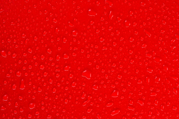 red background with water drops top view 