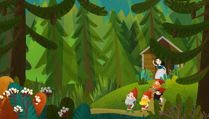 cartoon young princess and dwarfs in forest illustration