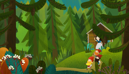 cartoon young princess and dwarfs in forest illustration