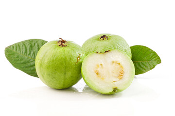 guava fruits with sliced and leaf isolated on white background.
