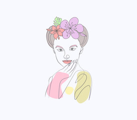 Line drawing art floral woman face girl line art with hand and body illustration
