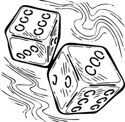 Game dice to try your luck, fortune. Risky funny activity, casino, bet, gambling, addiction, win or lose. Hand drawing retro vintage grey vector illustration. Old style comic cartoon line drawing.